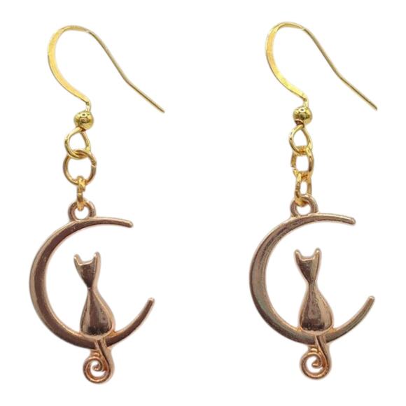 Cat on Crescent Moon Earrings Witchy Gothic Jewelry - Picture 1 of 4